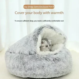 Semi Closed Cat Cave Cozy for Indoor Small Cats Dog Waterproof Washable Pet Bed Long Faux Fur Super Soft Fabric Cotton Dog Bed