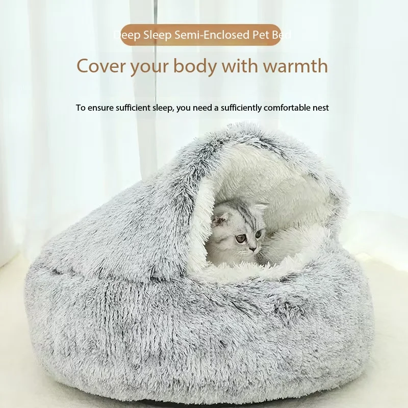 Semi Closed Cat Cave Cozy for Indoor Small Cats Dog Waterproof Washable Pet Bed Long Faux Fur Super Soft Fabric Cotton Dog Bed