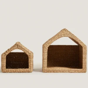 Set of 2 Seagrass Pet House Wicker Dog Cat Bed Indoor Small Animal Shelter Natural Woven Pet Furniture With Cushion