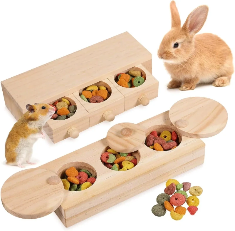 Set of 2 Wooden Enrichment Foraging Toy for Small Animals Snack Dispenser for Rabbits and Guinea Pigs