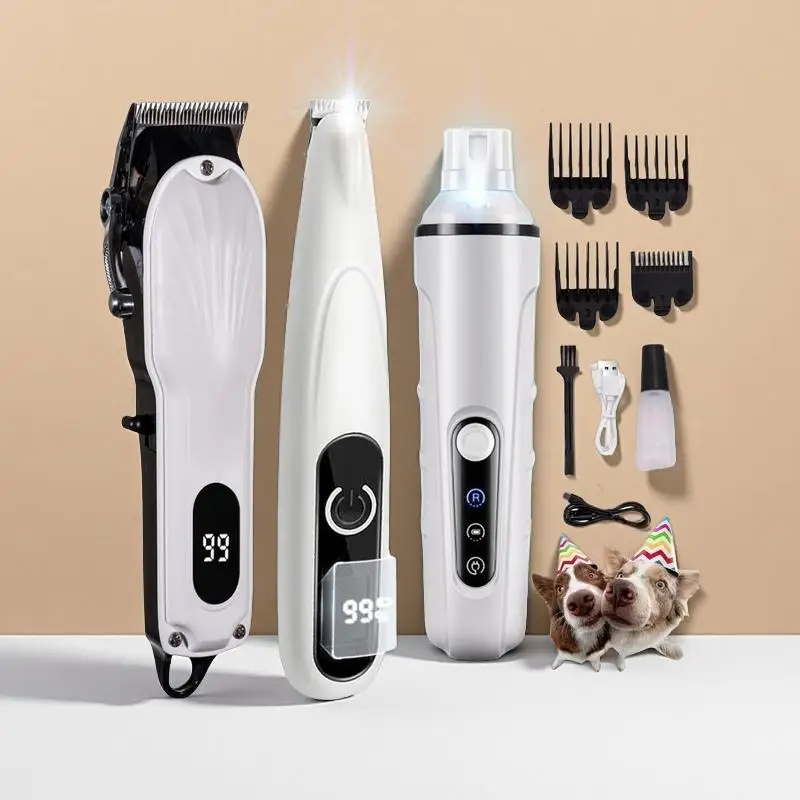 Set of 3 Electric Nail and Hair Trimmers for Pets Strong Power Low Noise Rechargeable Pet Grooming Products