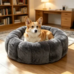 Short Plush Gray Round Foam Waterproof Washable Indestructible Dog Bed
