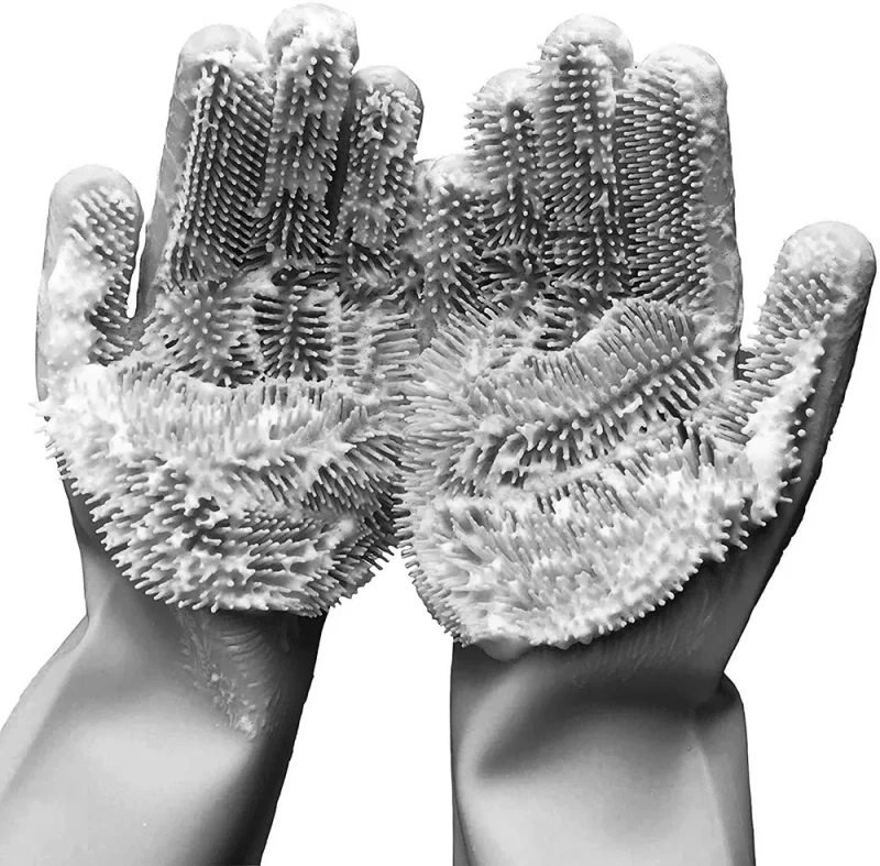 Silicone Dish Washing Gloves Heat Resistant Pet Grooming Gloves Heat proof Household Scrubber Gloves with Scrubber