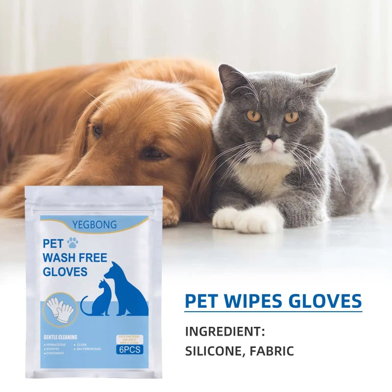 Silicone Disposable Pet Hair Remover Gloves and 6-Piece No-Rinse Cleaning Wipes Grooming Set for Dogs & Cats