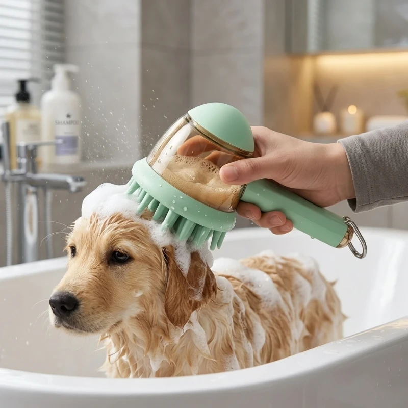 Silicone Pet Bath Brush With Shampoo Liquid Dispenser Massage Soft Bristle Dog Cat Shower Grooming Brush