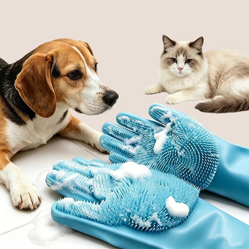 Silicone Pet Grooming Gloves Double Sided Dog Bathing Scrubber Cat Massage Brush for Deshedding and Deep Cleaning