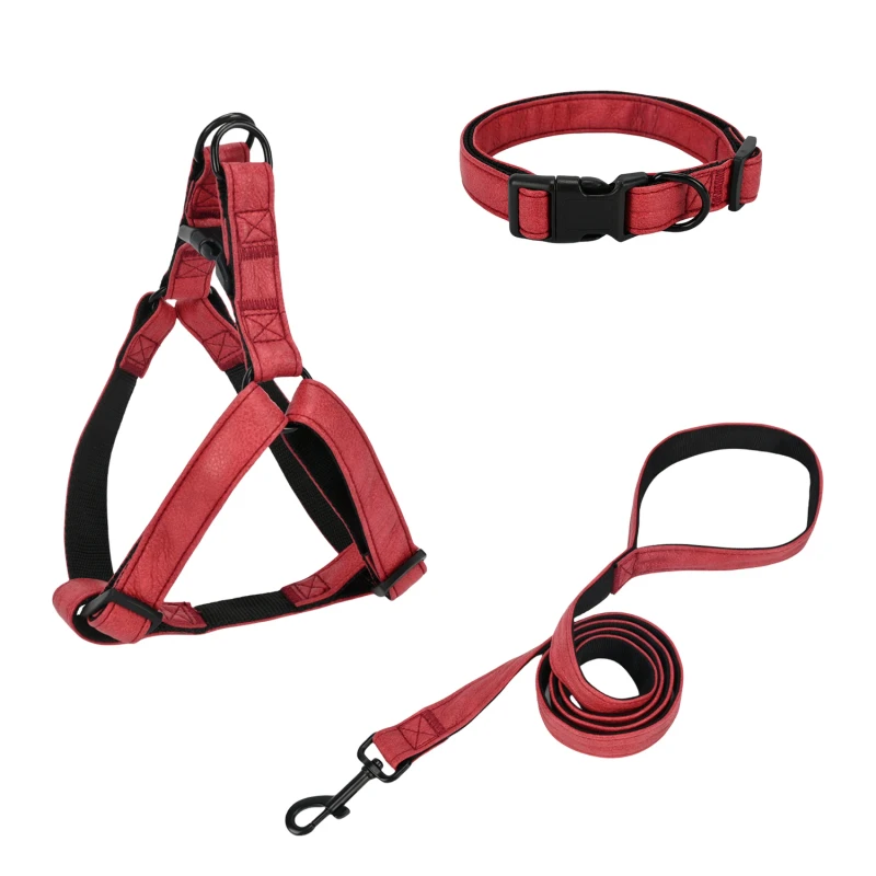 Simple Style PU Harness Leash Collar Set Hook Loop Closure Solid Pattern Durable Polyester Personalized Cats Dogs Small All