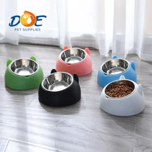 Slant Plastic Base Stainless Steel Cat Dog Bowl Set for Small Animals Protect Cervical Spine