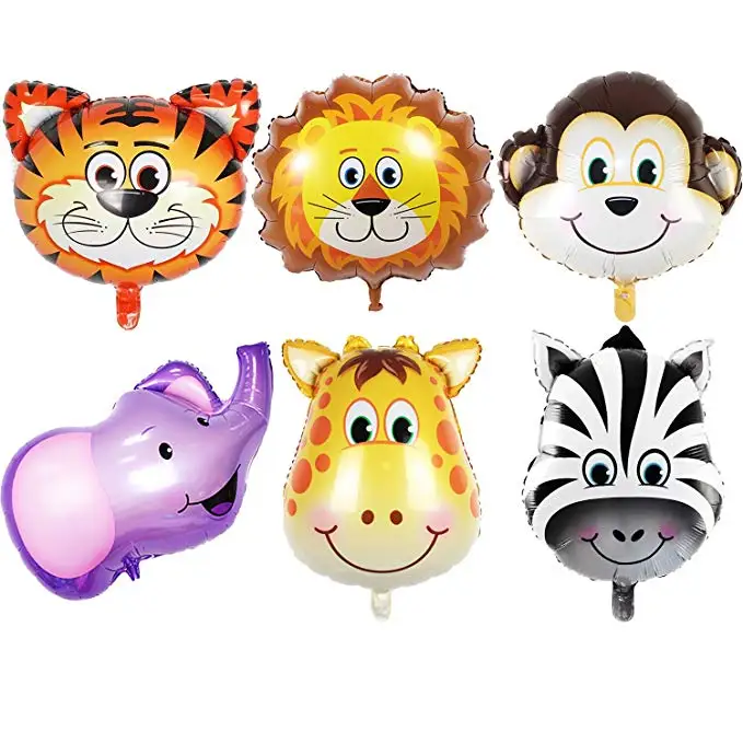 Small Animal Head Balloons Mini Elephant Monkey Mylar Balloons Hand Stick for Jungle Safari Animal Zoo Theme Party Decoration