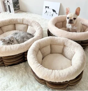 Small Dogs and Cats Round 100% Cotton Solid Washable Pet Bed with Slip Resistant Bottom for Indoor Use