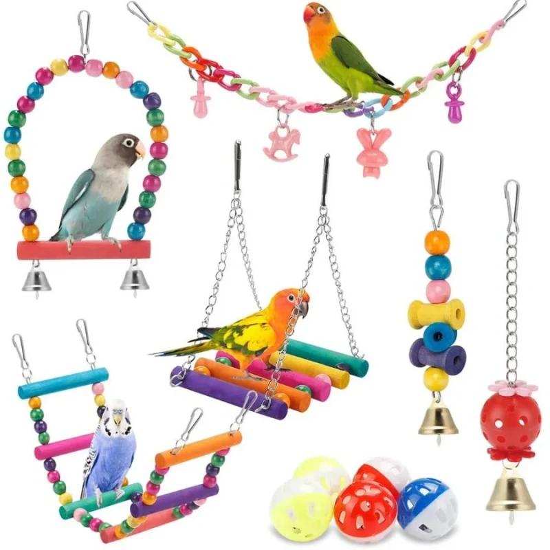 Small Eco-Friendly Bird Toy Set Wood Chewing Tugging Ladder Swing Parrot Toys Cross-Border Interactive Movement Toys