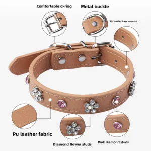 Small Pet Dog and Cat Collar Necklace Diamond Encrusted Little Flower Design PU Material Japan and South Korea Style
