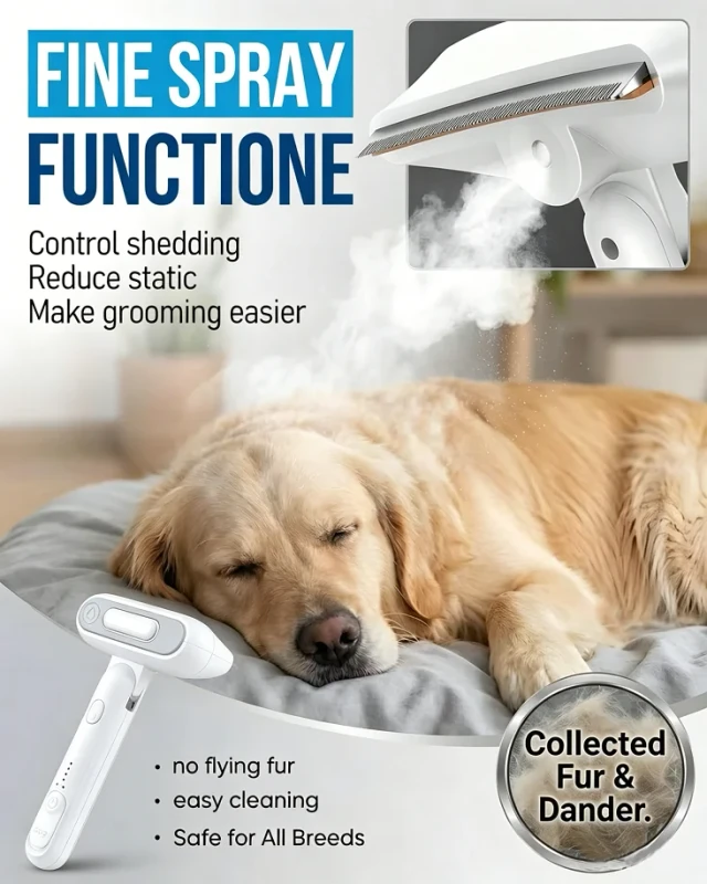 Small Spray Deshedding Brush for Cats Dogs 2 in 1 Mist Grooming Tool Undercoat Removal Anti Static Self Cleaning Foldable