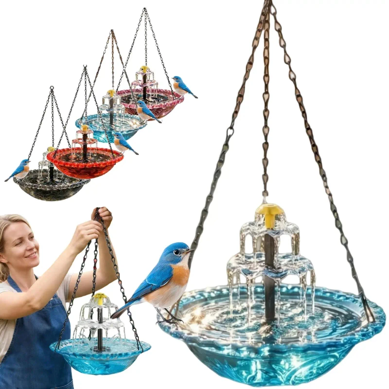 Solar Cascade Hanging Bird Bath Fountain Outdoor Hanging Bird Bath with Solar Pump & Glass Bowl Birdbath Accessories