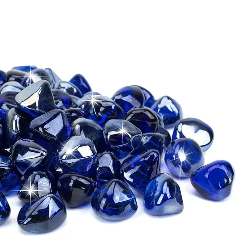 Solid High Luster 1 Inch Caribbean Blue Tempered Fire Glass Diamonds Beads Modern Living Room Gas Fireplace Outdoor