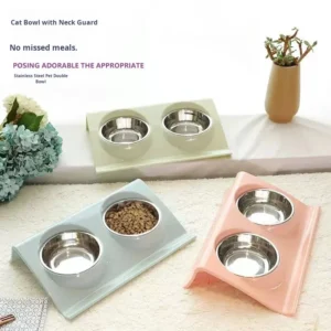 Solid Pattern Double Bowl Pet Feeder Integrated Food Water Anti-Tip Cat Dog Bowl Slanted Design for Easy Eating Made Plastic