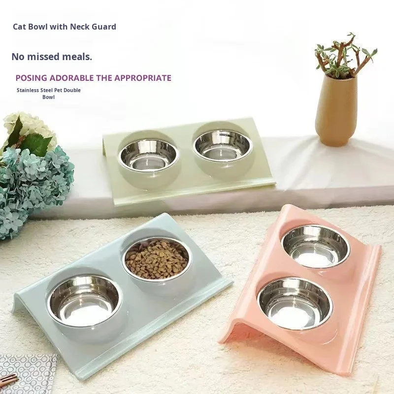 Solid Pattern Double Bowl Pet Feeder Integrated Food Water Anti-Tip Cat Dog Bowl Slanted Design for Easy Eating Made Plastic