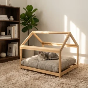 Solid Pine Wood Pet House Bed With Removable Cushion K D Flat Pack for Cats Small Dogs
