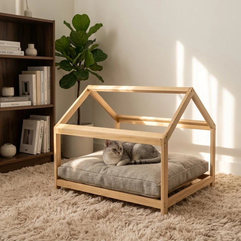 Solid Pine Wood Pet House Bed With Removable Cushion K D Flat Pack for Cats Small Dogs