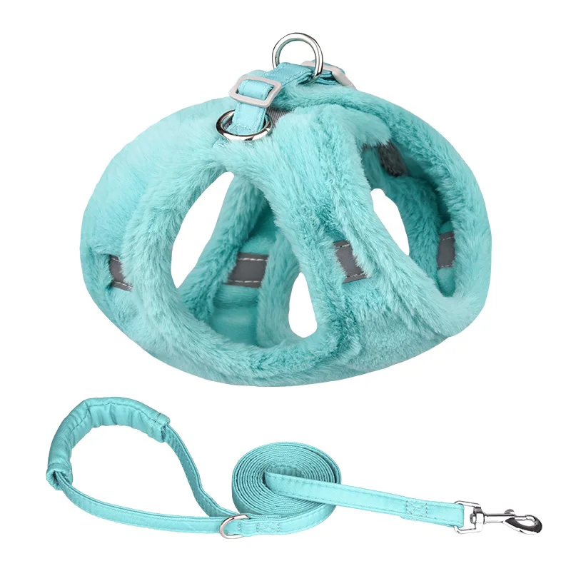Solid Reflective Padded Thickened Plush Pet Dog Harness Leash Set for Autumn Winter Outdoor Use