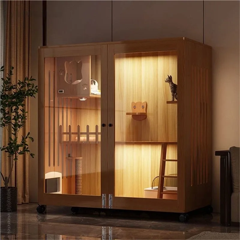 Solid Wood 2 Layer Cat Villa Waterproof Rectangular Cat Cabinet Cage for Indoor Use