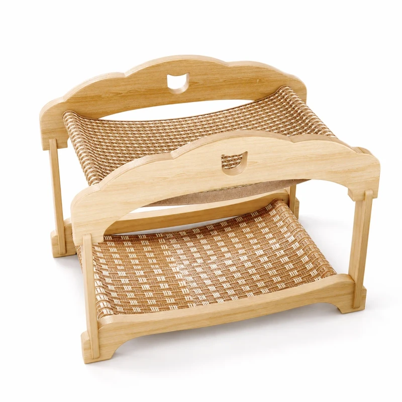 Solid Wood Cat Scratcher Bed 2 Tier Sisal Cat Lounge Shelf Eco Friendly Pet Furniture