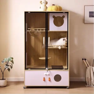 Solid Wood Cat Villa with Tempered Glass Large Panoramic Indoor Multi level Cat House Cabinet Movable Wooden Cattery for Cats