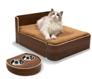 Solid Wood Durable Pet Bed & Double Bowl Feeder Set with Removable Washable Design for Cats & Dogs Premium Pet Beds Accessories