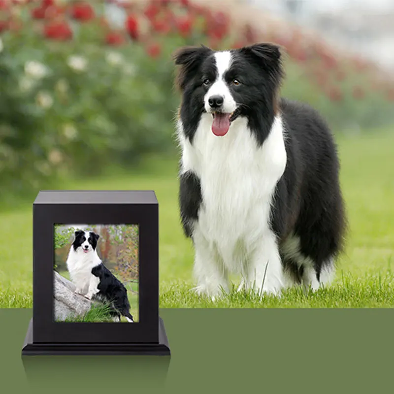 Solid Wood Eco Friendly Square Pet Memorial Urn Ashes Black Base with Photo Frame Elegant Dog Funeral Casket