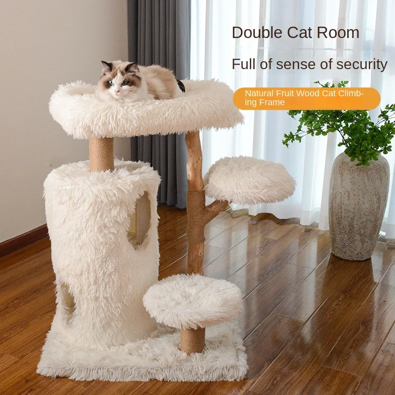 Solid Wood Eco friendly Multi Layer Square Design Cat Tree Integrated Sisal Cat Climbing Rack Nest Household Pet Bed Accessory