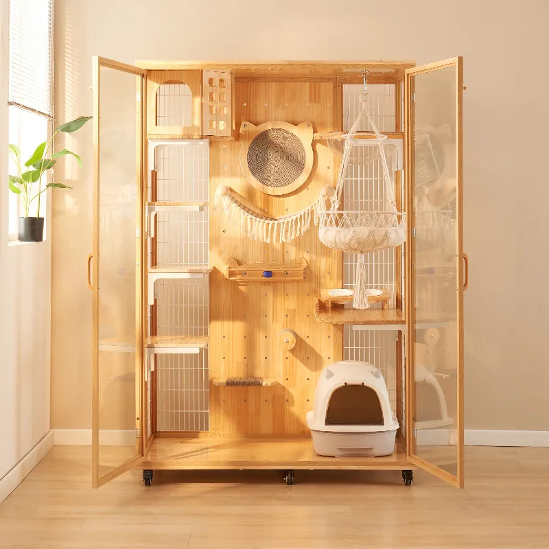 Solid Wood Extra Large Panoramic Quadrate Cat Cabinet Modern DIY Villa Button Closure Space Saving Eco-friendly Pet House
