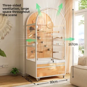 Solid Wood Large Luxury Villa Bird Cage with Transparent Glass Splash Proof Button Closure Pet House Furniture