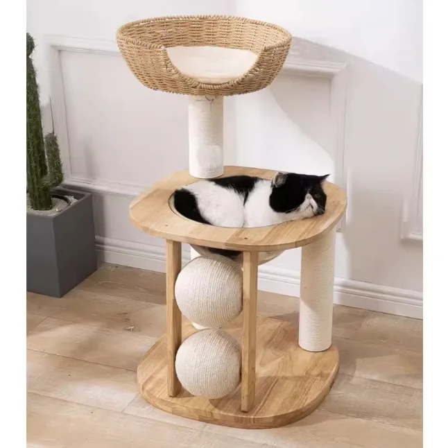 Solid Wood Luxury Eco friendly 2 Level Cat Climbing Rack Cat Tree Scratch Board Sisal Cat Scratcher All Seasons Carton