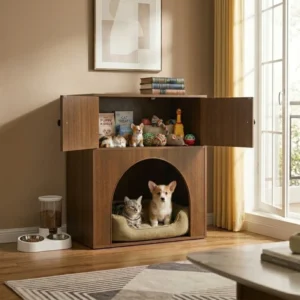 Solid Wood Multi Layer Cat Kennel Cabinet with Modern Design for Living Room Pet Furniture Holds Toys and Food