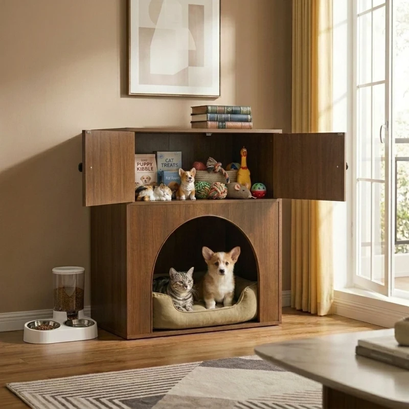 Solid Wood Multi Layer Cat Kennel Cabinet with Modern Design for Living Room Pet Furniture Holds Toys and Food