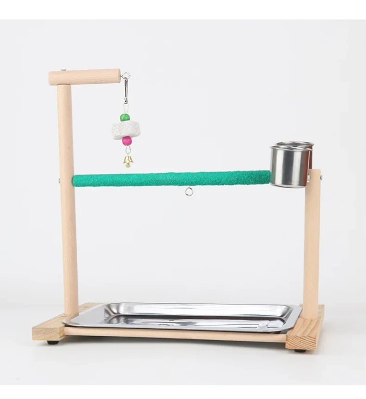 Solid Wood Parrot Perch Stand Tabletop Bird Playstand with Swing Feeder Box for Parakeet Cockatiel