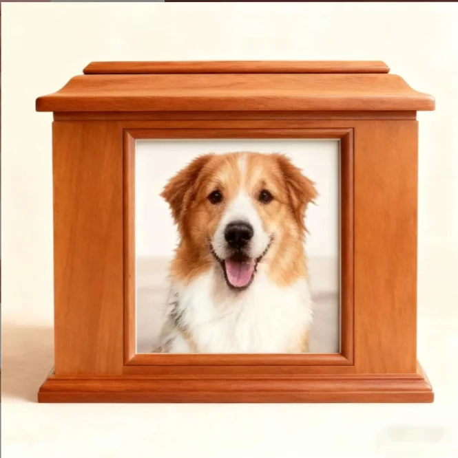 Solid Wood Pet Cremation Urn with Photo Frame Top Lid Sealed Dog Cat Ashes Funeral Memorial Keepsake Box for Small Medium Pets