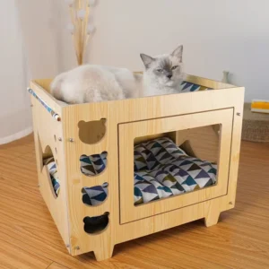 Solid Wood Pet House Suitable for Cats and Dogs With Breathable and Hollow Design Thick Cushion Bear Paw Print Pattern