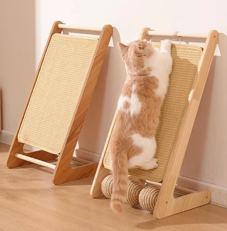 Solid Wood Vertical Cat Scratch Board Wear-Resistant Shavings Free Cat Scratcher with Sword Hemp Rope Cat Tree & Toy