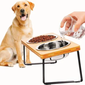 Solid Wooden Classic Elevated Pet Feeder Large Anti Spill Waterproof IPX5 Floor Standing Eco Friendly Bowl for Cats Dogs Indoor