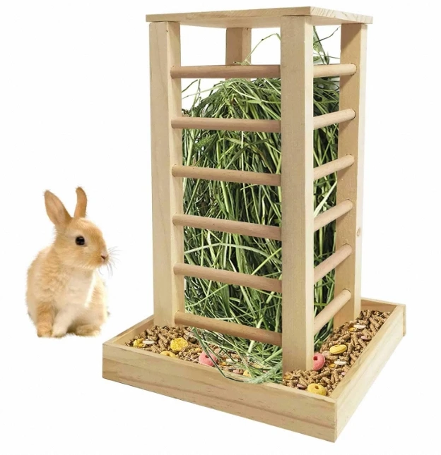 Solid Wooden Rabbit Hay Feeder Unfinished Rectangle Bamboo Food Box Small Animal Rabbit Feeder