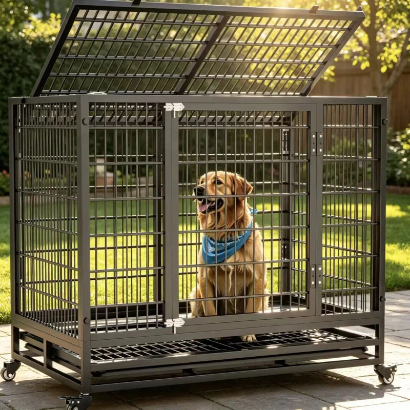 Spacious Extra Large Dog Cage with 360° Wheels Heavy Duty Pet Kennel with Easy Cleaning Tray