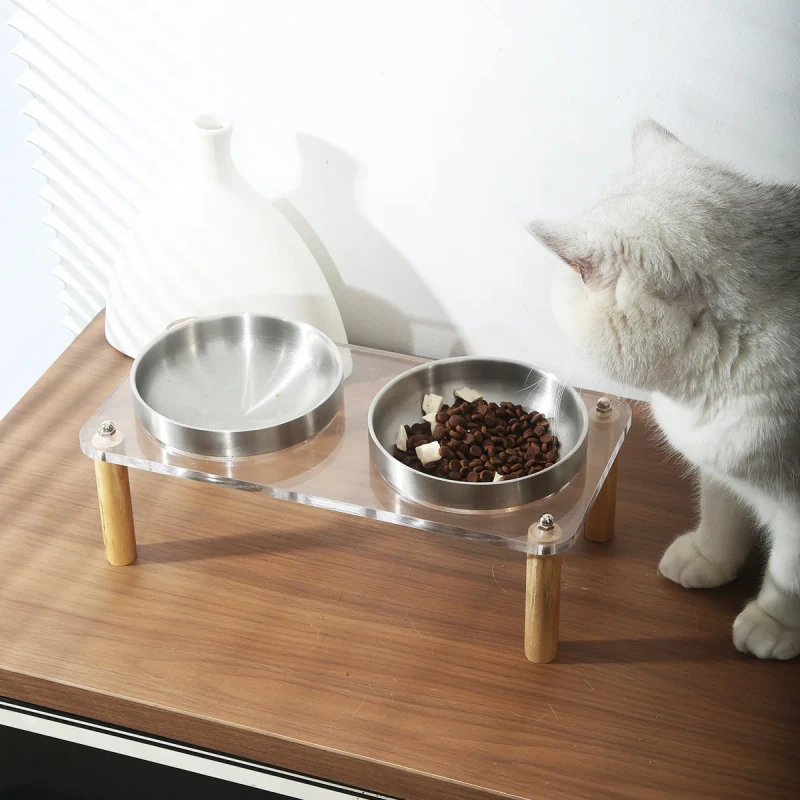 Stainless Steel & Acrylic Eco friendly Cat Dog Elevated Bowl with High Foot Neck Protection Large Diameter Pet Feeder Rack