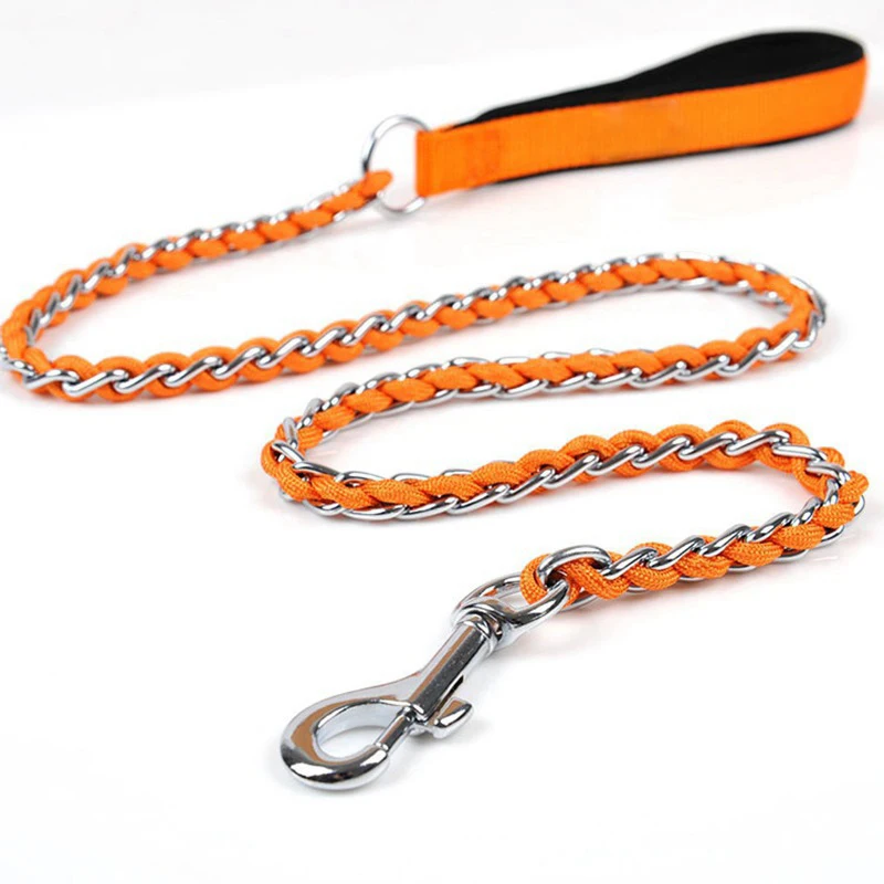 Stainless Steel Gold Silver Color Chain Dog Leashes With Neoprene Pad Nylon Handle for Small Medium Large Dog