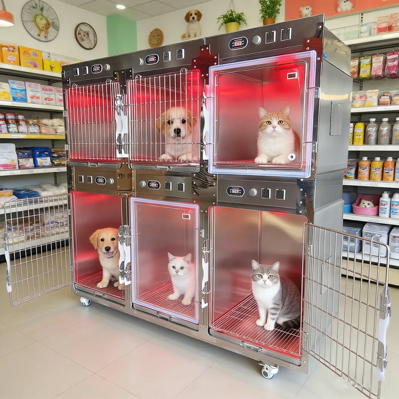 Stainless Steel Pet Hospital Cage for Dogs Cats with ICU Oxygen Treatment and Hospitalization Veterinary Equipment