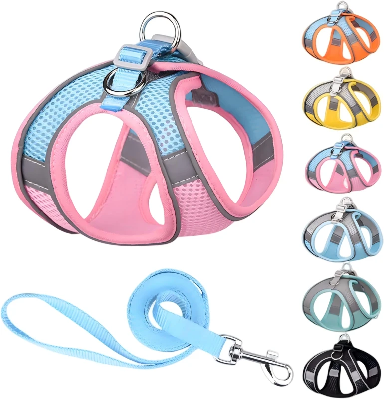 Step in Summer Escape Proof Soft Mesh Adjustable Reflective Strips Small Cat Pet Dog Vest Harness and Chest Strap Leash Set
