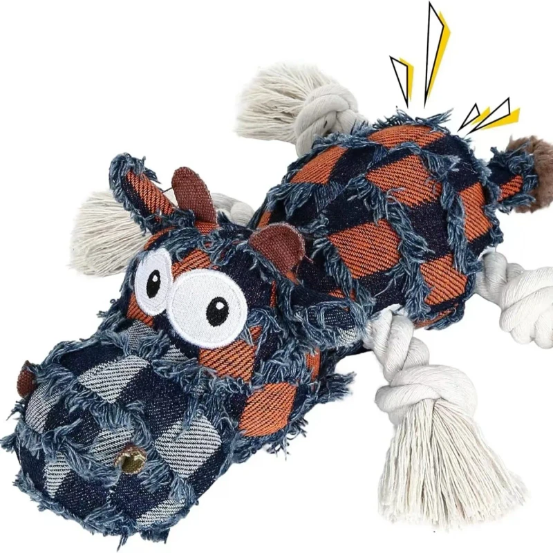 Stuffed Plush Sounding Canvas Rope Knot Dog Toy Cleaning Teeth Interactive Pulling Squeaky Dog Toys for Aggressive Chewers