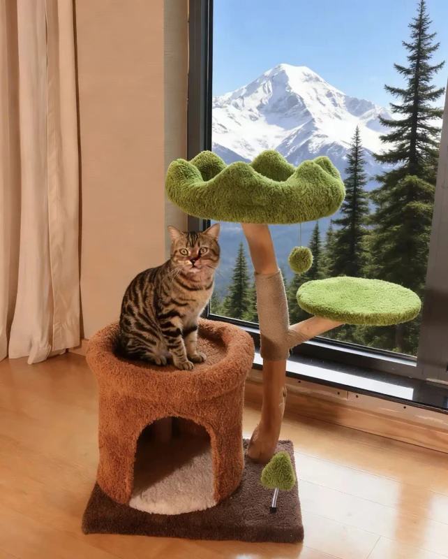 Stylish Classic Eco-Friendly Wood & Linen Cat Tree Cat Condo with Sisal Scratching Posts Carton Packaging for Halloween Pet Cats