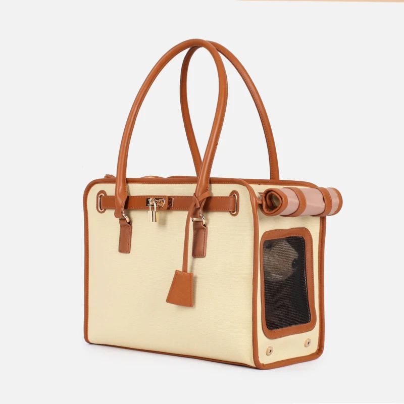 Stylish Portable Pet Carrier Tote Bag PU Canvas Material Solid Pattern with Zipper Closure for Small Cats Dogs