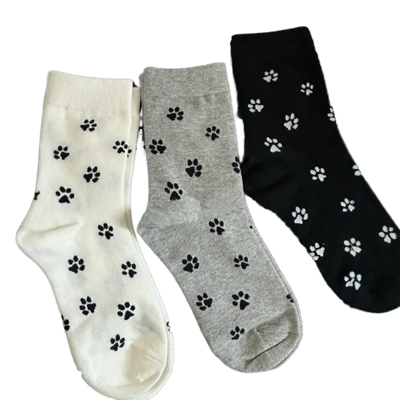Summer Autumn Cute Kawaii Novelty Animal Pets Dog Paw Footprint Dots Jacquard Breathable Cotton Crew Soft Standard Sports Socks